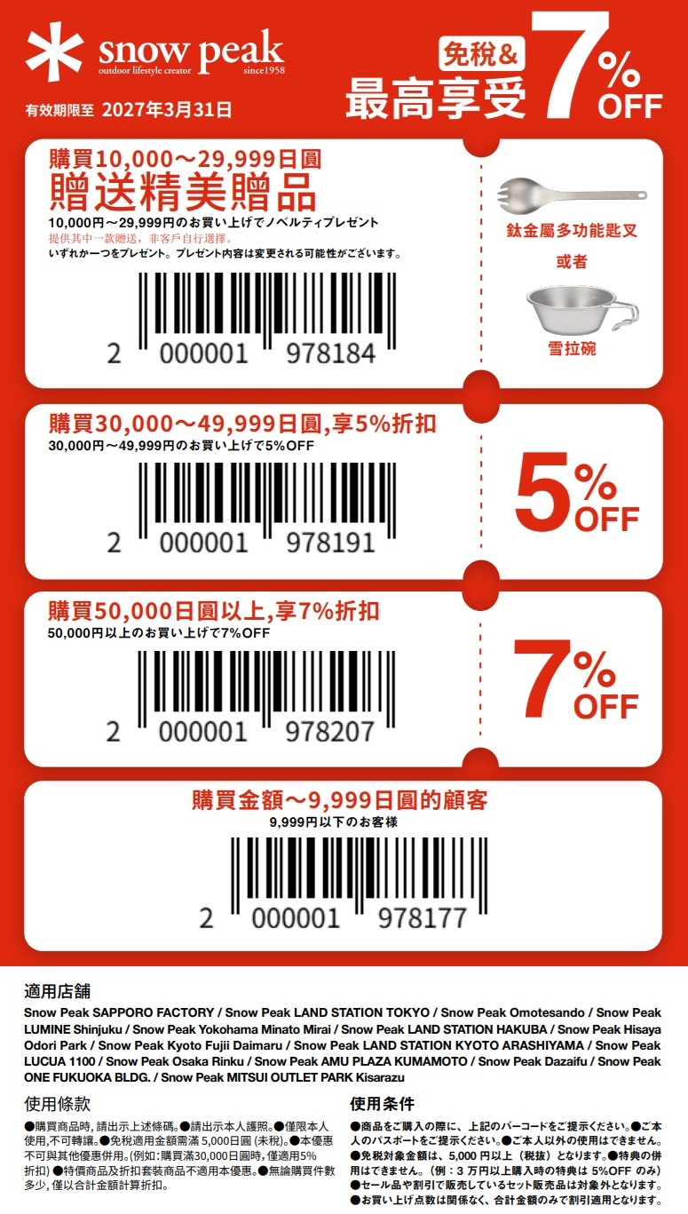 日本藥妝電器折扣券，唐吉訶德折扣券、Bic Camera折扣券、愛電王折扣券、松本清、SUGI藥局、Sundrug、成田機場免稅店、ANA機場免税店、札幌藥粧、鶴羽藥妝、大丸松阪屋、Laox、Alpen Group、小田急百貨、名鐵百貨、西武百貨、京王百貨新宿店、洋服の青山、Laox、JUNGLE 密林玩具、snow peak免稅折扣券 @緹雅瑪 美食旅遊趣